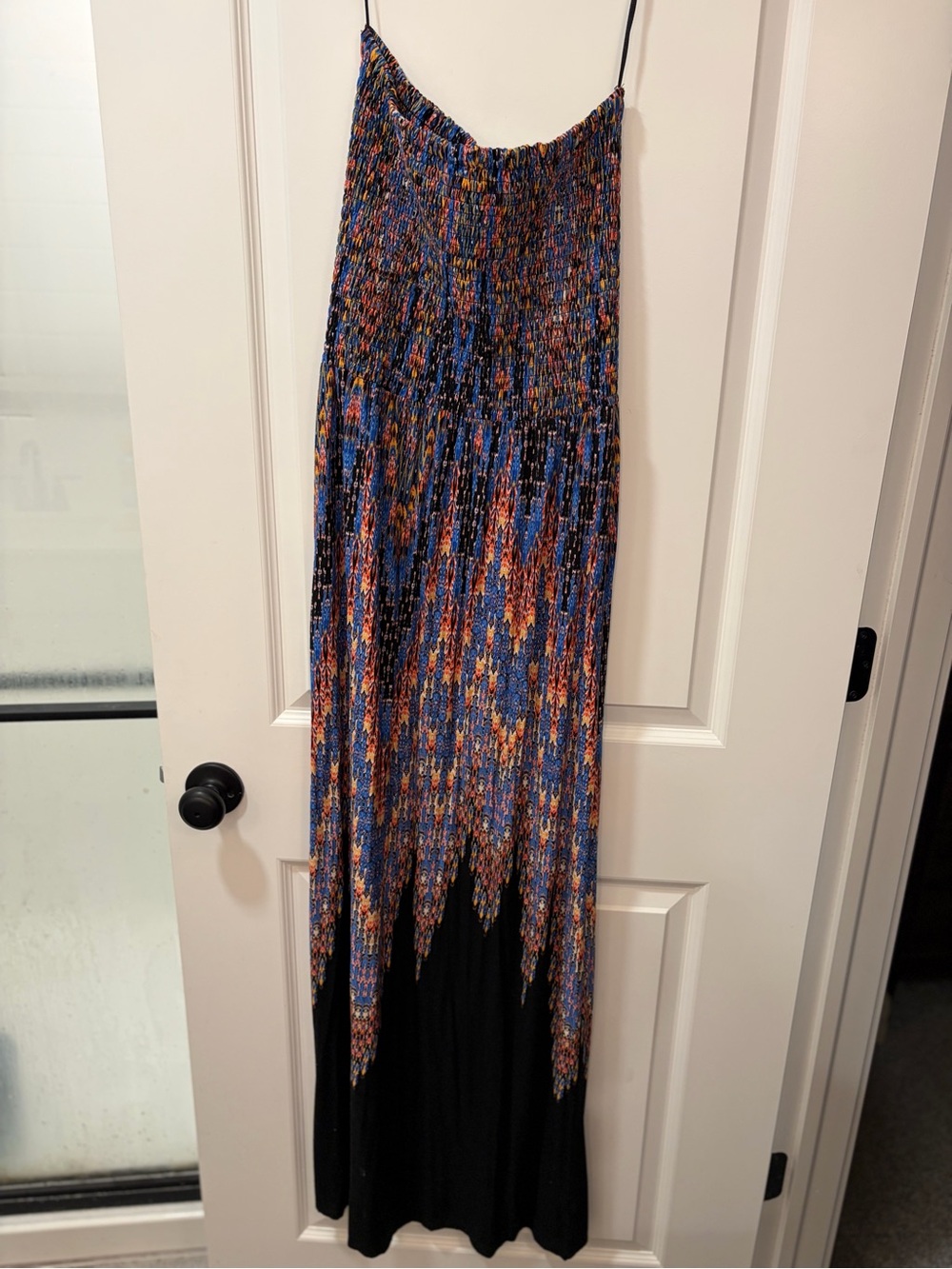 bobeau Blue Orange Multicolor Smocked Maxi Dress with Black Hem